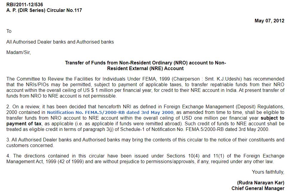 RBI Guidelines about Fund Transfer NRO to NRE Account